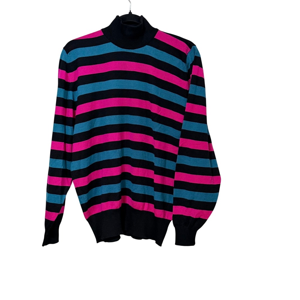 Jaeger Vintage 100% Wool Striped Turtleneck Sweater Pink Teal Made in UK 38